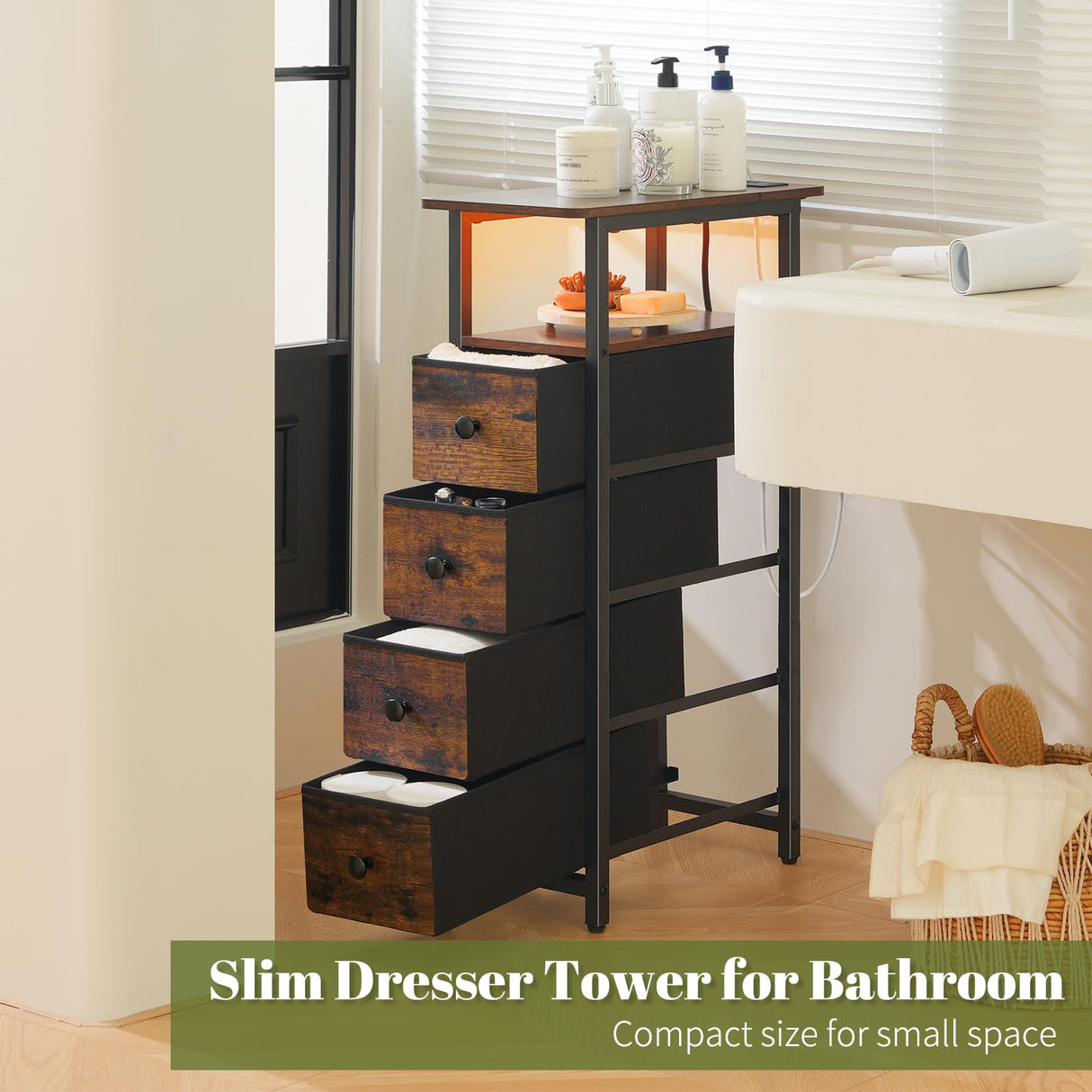 Yoobure Narrow Dresser for Bedroom, LED Slim Dresser with Charging Station, Small Dressers Chest of Drawers, Fabric Dresser Tall Skinny Cabinet Night Stand for Dorm, Small Spaces, Closet, Bathroom Yoobure