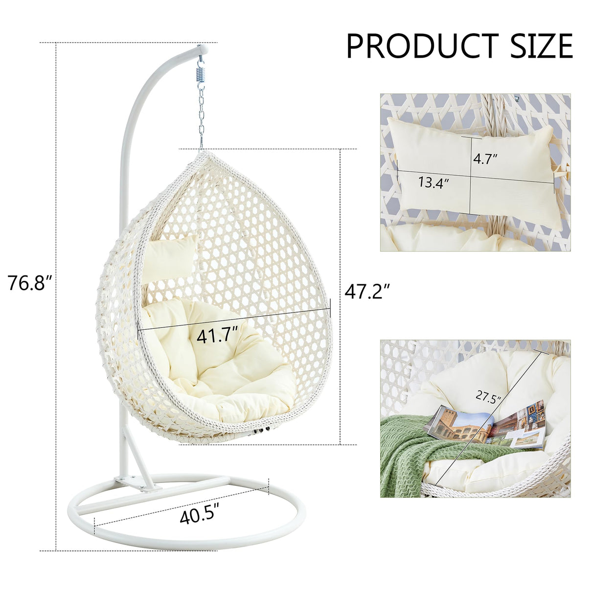 Egg Chair Indoor, Hanging Egg Chair with Stand, Rattan Wicker Swing Chair with Cushions, Swinging Chair for Bedroom Outdoor Patio Balcony Backyard Heavy Duty 350LBS,White Deolme