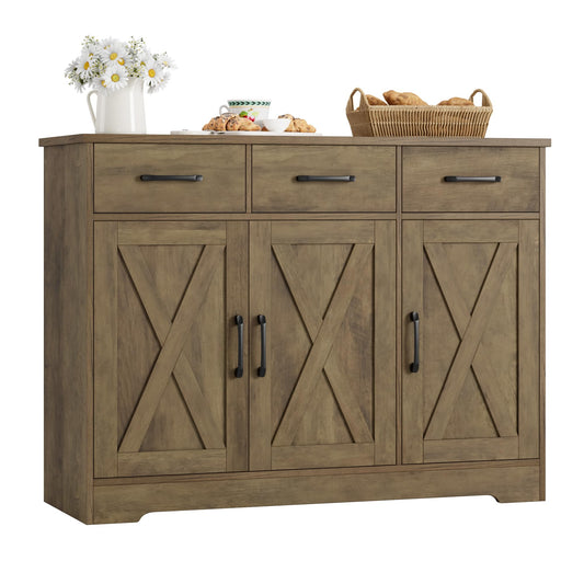 HOSTACK Modern Farmhouse Buffet Sideboard Cabinet, Barn Doors Storage Cabinet with Drawers and Shelves, Wood Coffee Bar Cabinet with Storage for Dining Room, Kitchen, Living Room, Rustic Brow - WoodArtSupply