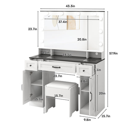 Vabches Vanity Desk with Mirror and Lights,Glass Top,Makeup Vanity Table Set with Stool,Charging Station and 3 Lighting Modes,2 Cabinets 3 Drawers Dressing Table，White