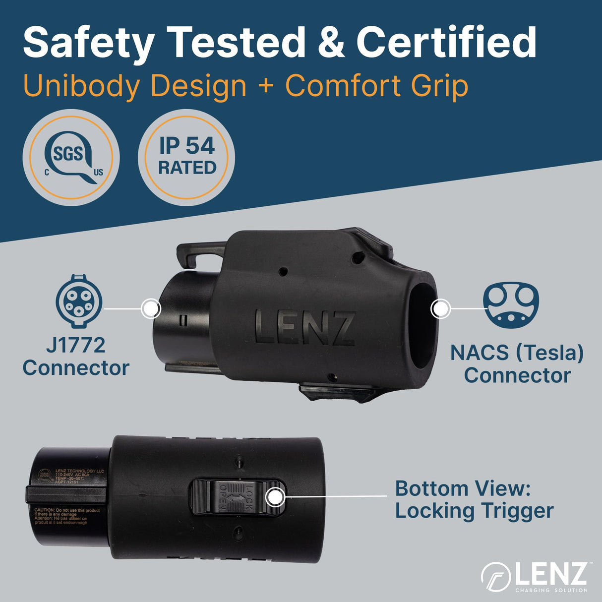 LENZ EV Charging Adapter for Tesla to J1772 (ONLY for J1772 EVs) Max 80 Amp, 240V, Ultra-Compact Design, Connect to Tesla Mobile Connectors and Destination Chargers (NOT Superchargers) LENZ