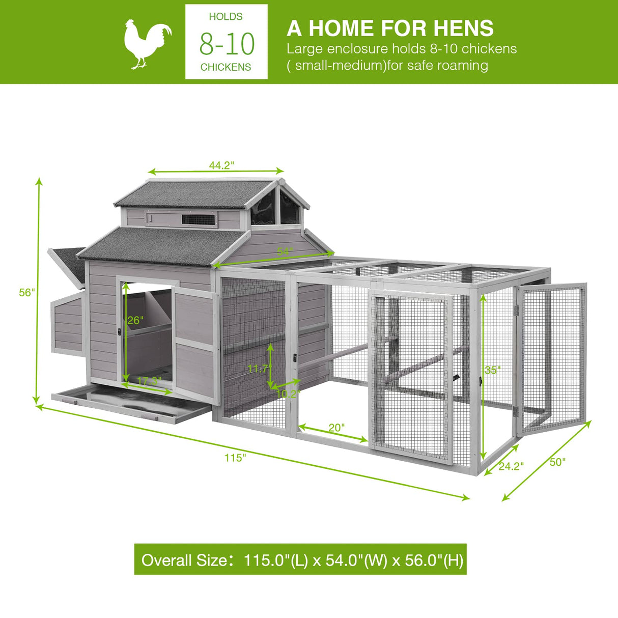 GUTINNEEN Chicken Coop Large Hen House for 8-10 Chickens Wooden Poultry Cage with Run and Nesting Box 115in GUTINNEEN
