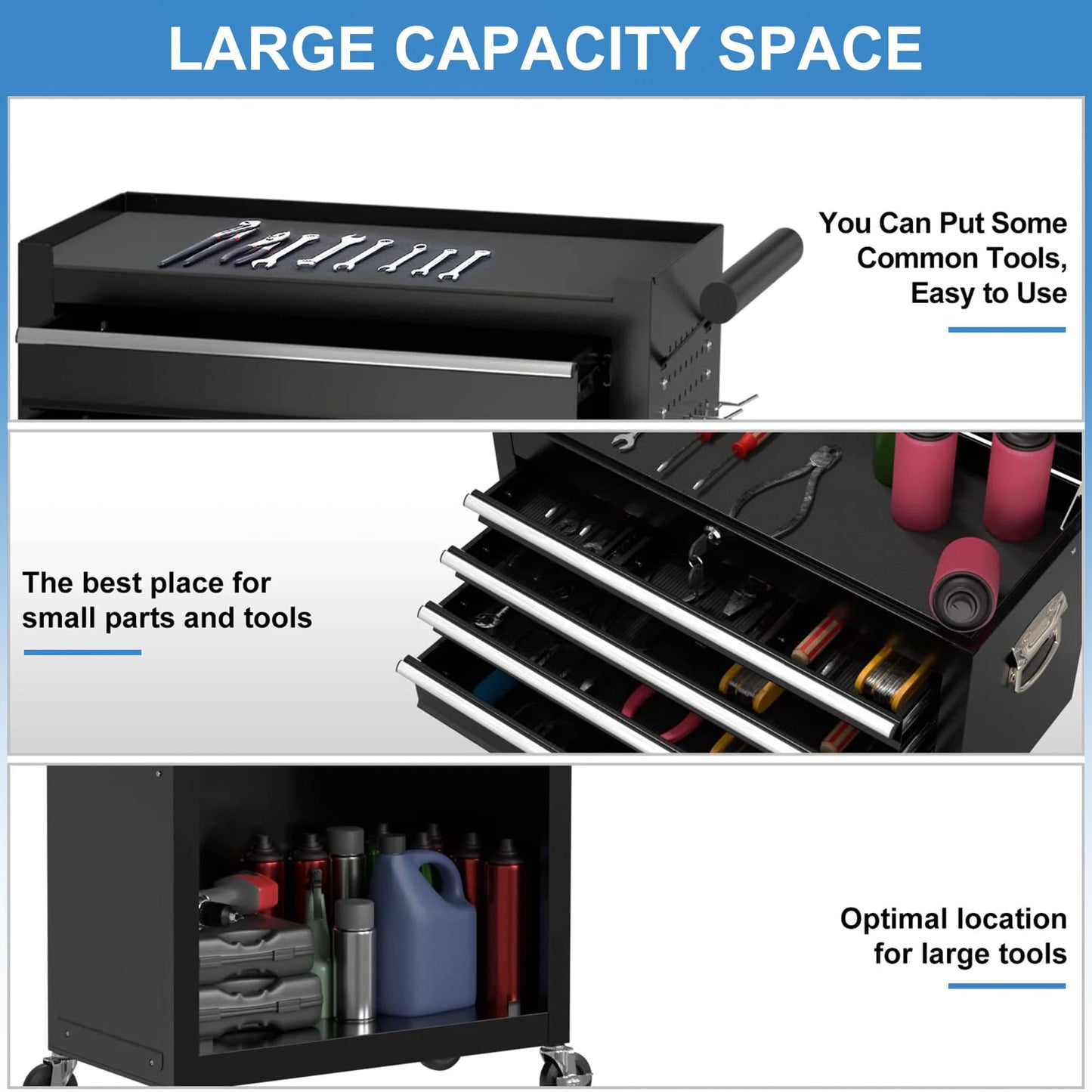 SumKea Wheels, Box, 5 Drawer Rolling Tool Chest and 2 Lockers, Detachable Storage Cabinet, for Garage Warehouse Workshop, Black - WoodArtSupply