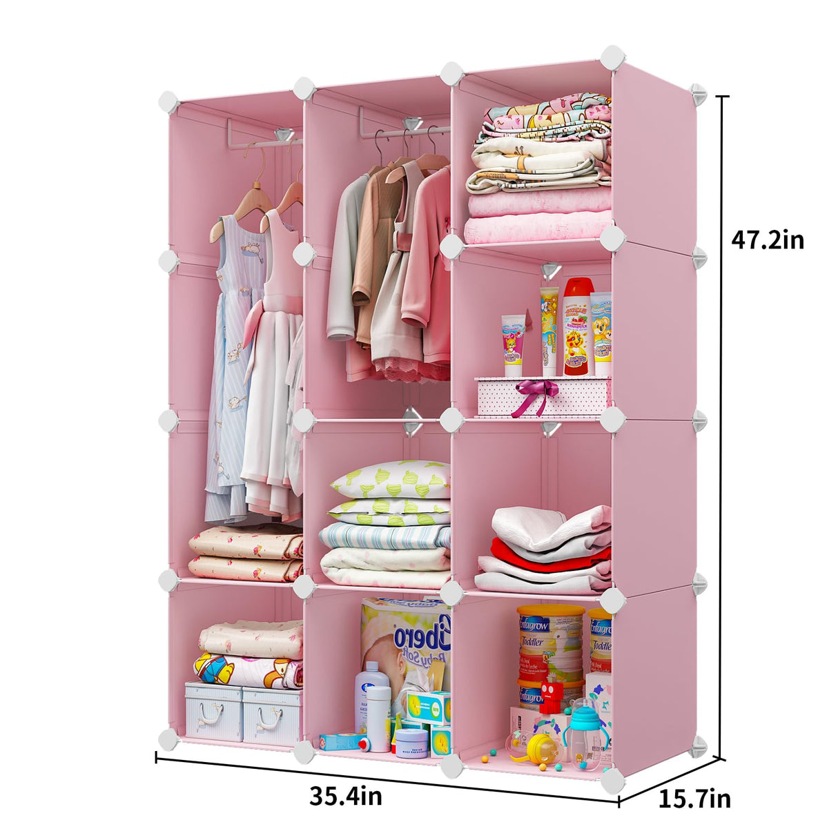 VIPZONE Baby Dresser, Kids Closet Organizers, Portable Kids Wardrobe for Closet, Bedroom, Nursery, Cubby, Cabinet, Clothes, Dress, Baby Storage Shelf, Armoire Clothes Hanging (12 Cube, Pink) VIPZONE