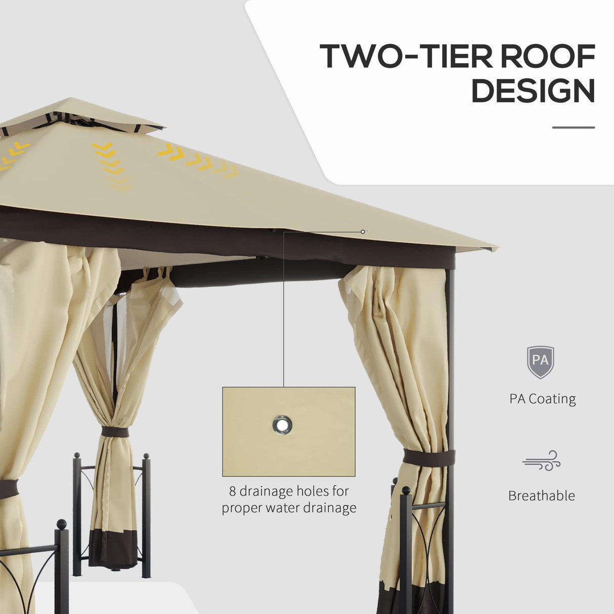 Outsunny 11' x 13' Patio Gazebo, Double Roof Outdoor Gazebo Canopy Shelter with Netting & Curtains, Steel Corner Columns for Garden, Lawn, Backyard and Deck, Beige Outsunny
