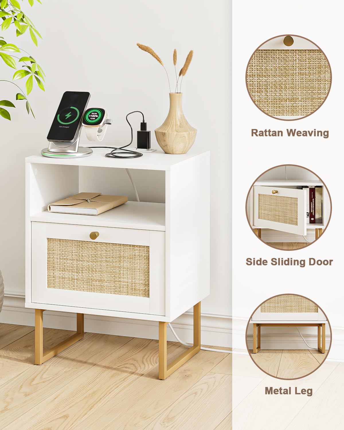 Masupu Rattan Nightstand with Charging Station,Modern Boho Farmhouse Wood Bedside Table with Storage Drawer and Open Shelf,Small Gold Frame Side End Table for Bedroom,Living Room,Office White Masupu
