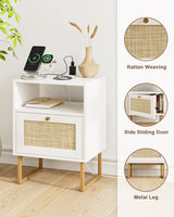 Masupu Rattan Nightstand with Charging Station,Modern Boho Farmhouse Wood Bedside Table with Storage Drawer and Open Shelf,Small Gold Frame Side End Table for Bedroom,Living Room,Office White Masupu