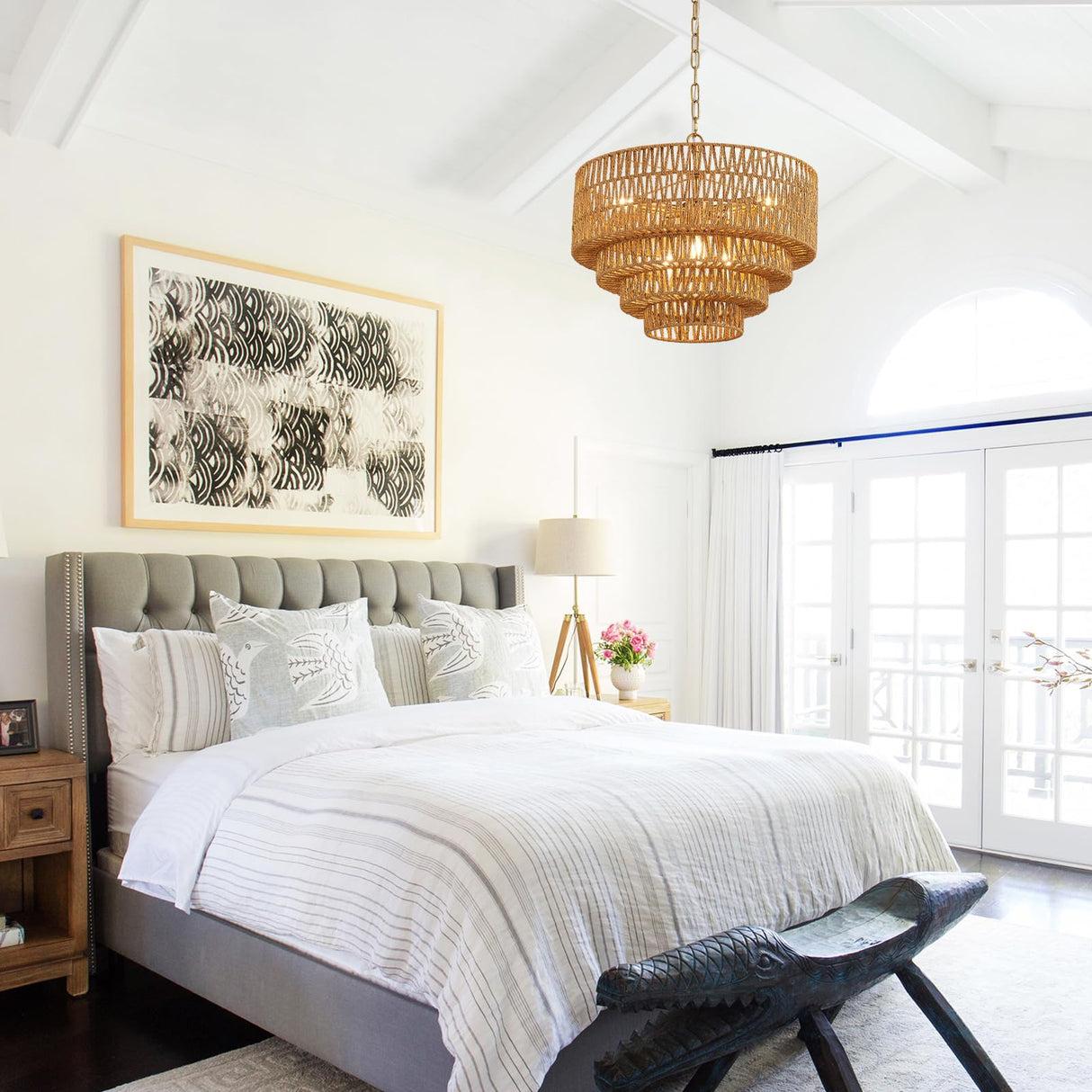 YOMECOO 19.7" Hand-Woven Rattan 6-Light Farmhouse Boho Bamboo Chandelier Light Fixture Retro Drum Wicker Golden Chandelier for Dining Room, Kitchen, E12 YOMECOO