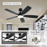 NKPU 52 Inch Ceiling Fans with Lights and Remote/App Control, Low Profile Ceiling Fan with 2 Downrods, DC Reversible, Dimmable, Dual-Sided Blades Modern Black Ceiling Fan for Bedroom Livingroom NKPU