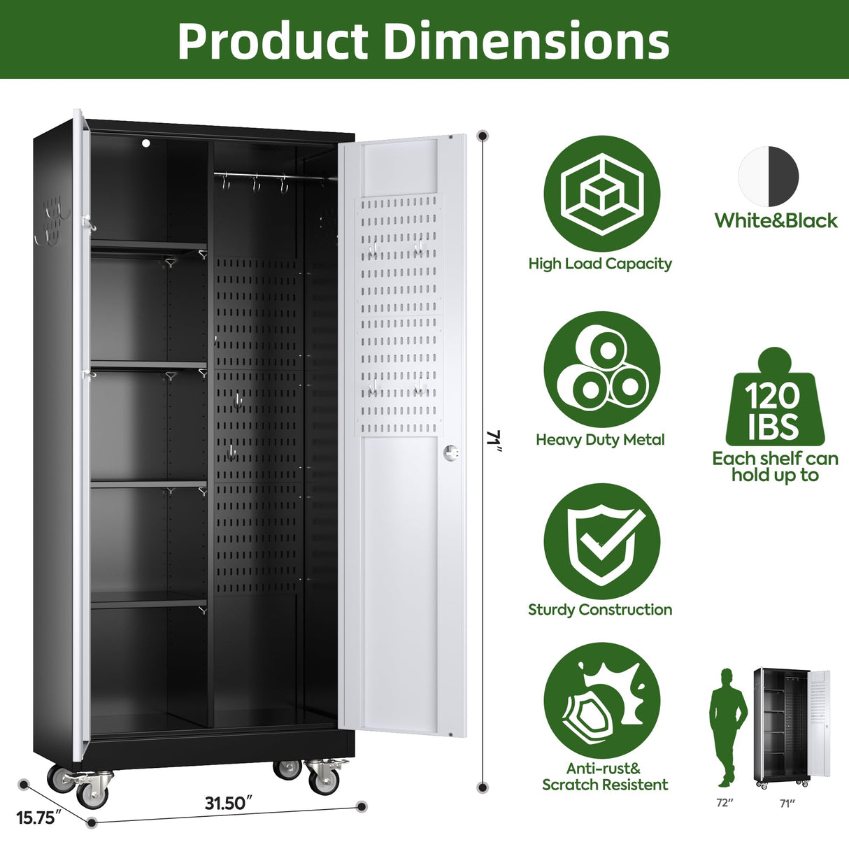 Broom Closet Storage Cabinet with Wheels and Pegboard, Metal Garage Storage Cabinet with Magnetic Doors,Adjustable Shelves for Garage Home Office,Required Assembly,Black and White,71"H×15.75"D×31.5"W Reemoon