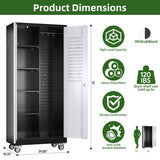 Broom Closet Storage Cabinet with Wheels and Pegboard, Metal Garage Storage Cabinet with Magnetic Doors,Adjustable Shelves for Garage Home Office,Required Assembly,Black and White,71"H×15.75"D×31.5"W Reemoon