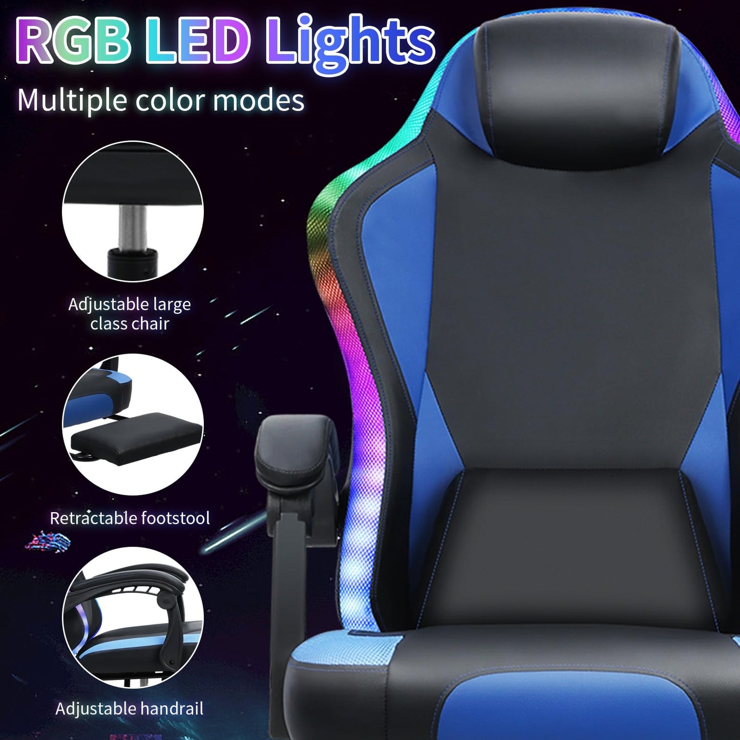 Ergonomic Gaming Chair, Massage Computer Gamer Chair with Bluetooth Speakers and RGB LED Lights Height Adjustable Game Chair with Footrest and Lumbar Support Racing Style Gaming Office Chair Blue