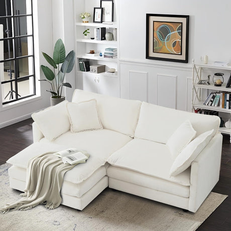 SoarFlash Chenille Sectional Sofa, Comfy L Shaped Modular Coush Sofa with Ottoman, Modern 2 Seat Couch Deep Seat Sofa Set for Living Room,White SoarFlash