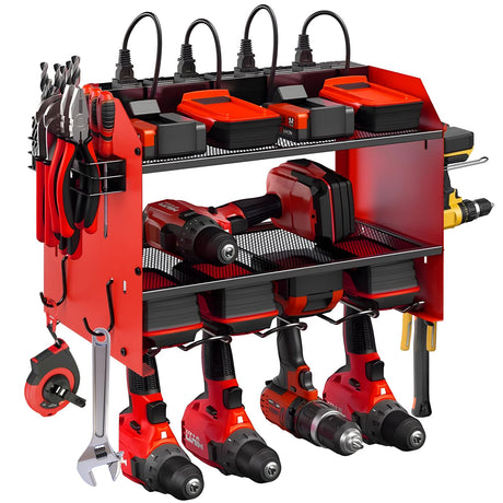 Power Tool Organizer wtih Charging Station，3 Layers Storage Rack with Screwdriver Rack 6 Drill Holders 8 Outlets Max Load 110lbs，for Workshop Garage Organizers and Storage Tool Battery Holder (Red) YOUNITA