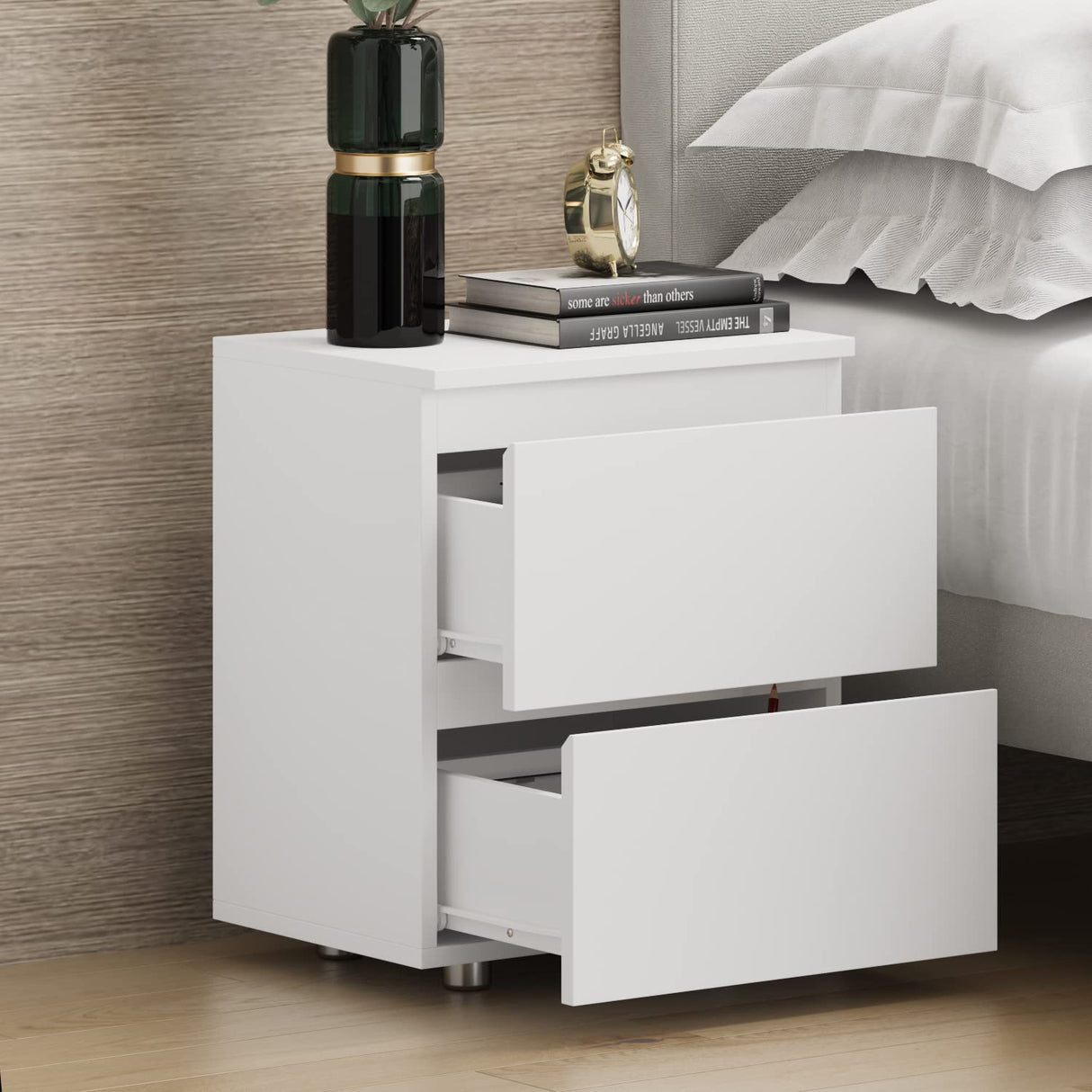 FUNISIR Nightstand with 2 Drawers, Modern Bedroom End Table with No Handle, Wooden Bedside Storage Cabinet, White FUNISIR