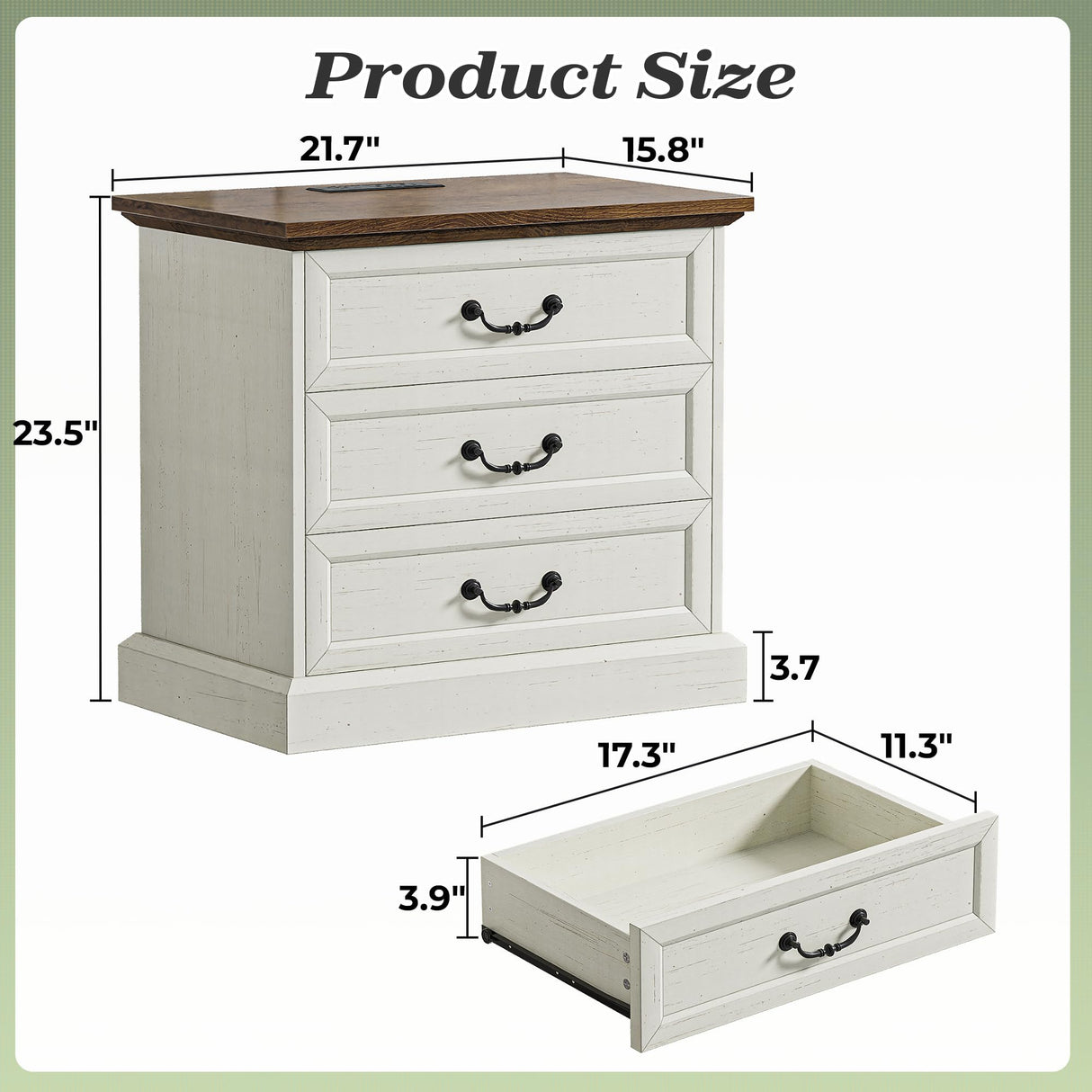 Huuger Nightstand with Charging Station, 3 Drawer Night Stand Set of 2, 22 Inch Wider Side Table with Storage, Farmhouse Nightstand with Vintage Handles, Thicken Base, for Bedroom, Distressed White Huuger