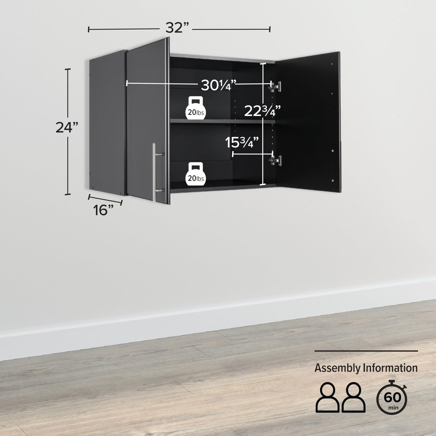 Prepac Black Cabinet: Pantry Storage Cabinet & Garage Cabinet, 16"Dx32"Wx24"H Wall Cabinet with Storage Shelf & Doors