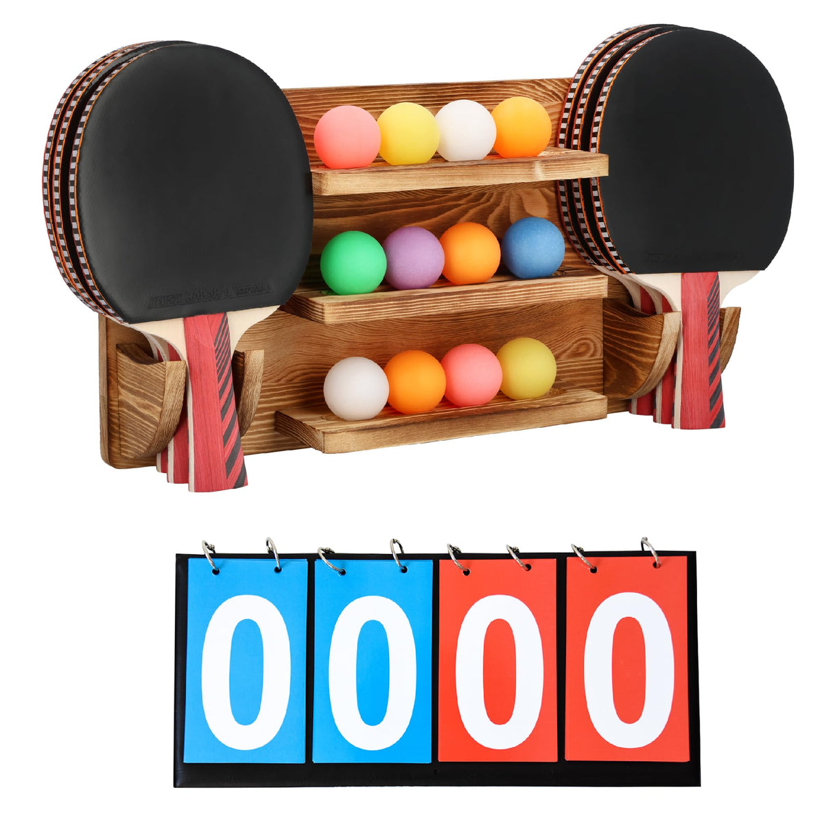 WAKUBON Ping Pong Paddle Holder Wall Mount Storage Rack - Table Tennis Racket Display Accessories Organizer - Holds 6 Paddles and 12 Balls - with Flip Scoreboard WAKUBON
