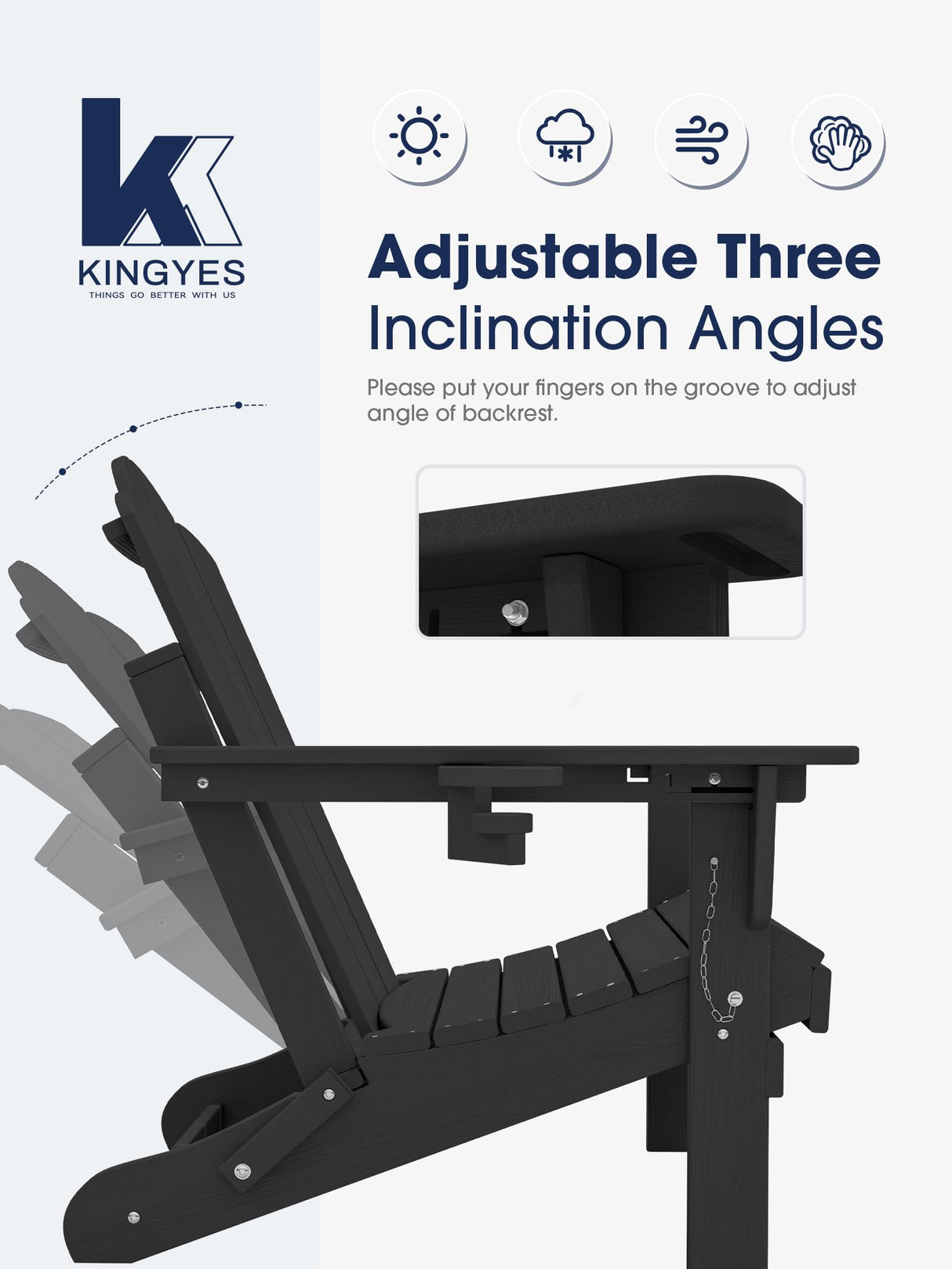 KINGYES Folding Adjustable Backrest Adirondack Chair with Cup Holder, Oversized Weather Resistance Adirondack Chair, HDPE Reclining Adirondack Chair for Adult, Black KINGYES