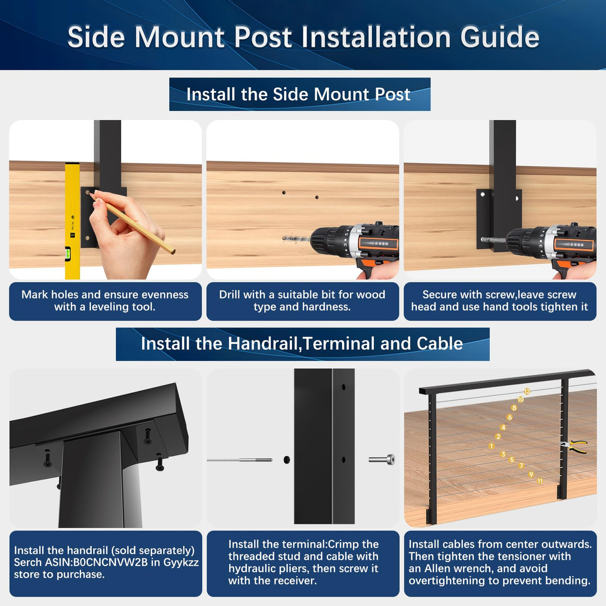 Gyykzz 2Pack One-Stop Side Mount Cable Railing Post Kits 42" (Post Body 47.6"), Complete Set Include 2 Pack Side Mount Line Posts, 105ft Cable, 12 Sets Cable Tensioner, 48 Cable Grommets (No Handrail) Gyykzz