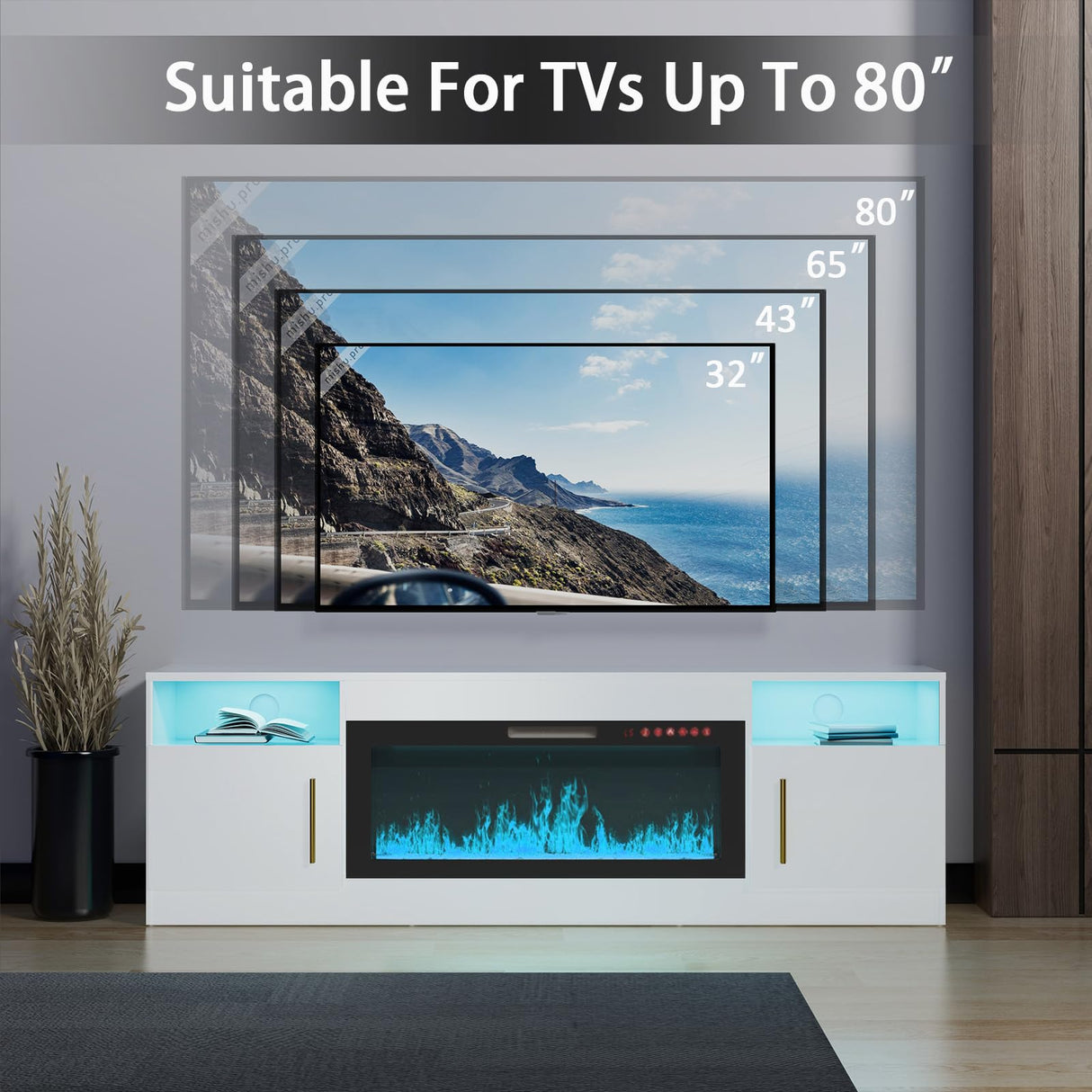 TV Stand with Fireplace - 70 Inch Modern Electric Entertainment Center, 36" LED Fireplace for Living Room, White, Up to 80" TVs VENDORZ