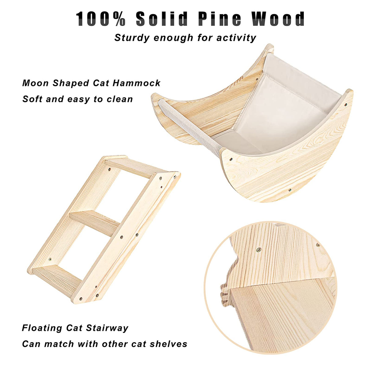 Cat Shelf for Wall Mount Hammock with Climbing Shelves and Perches Solid Wood Cat Steps for Climbing Sleeping Playing Lounging Perching Paw Clap