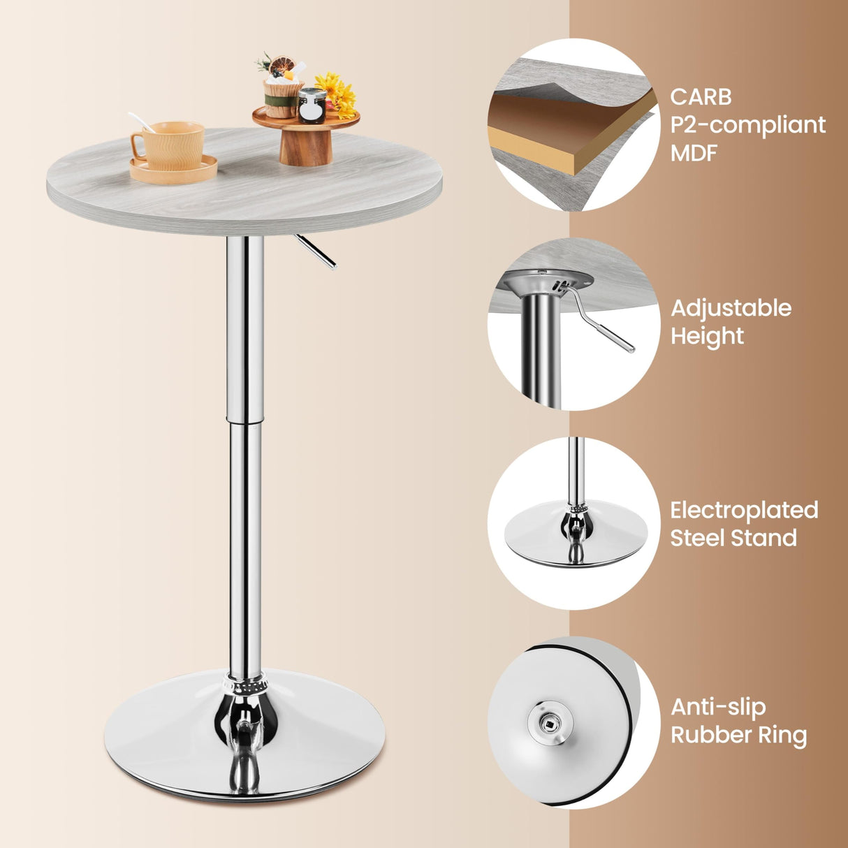 Yaheetech Round Bar Table, Adjustable Height and 360° Swivel Bar Tables, Cocktail Table with MDF Top, Silver Leg Base for Bar, Bistro, Café, Grey Yaheetech