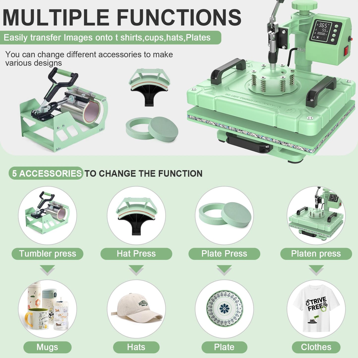 Seeutek 5 in 1 Heat Press Machine 12x15 inch Heat Press Machine with 360 Degree Swing Away T Shirt Pressing Machine, Multifunction Heat Transfer Sublimation Combo for T Shirts Mugs Hat Plate Cap