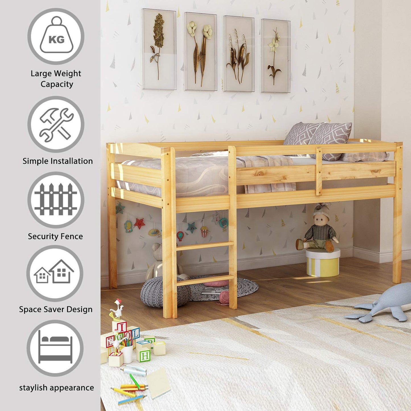 Harper & Bright Designs Twin Size Low Loft Bed with Ladder and Safety Guardrails in Natural Wood - WoodArtSupply