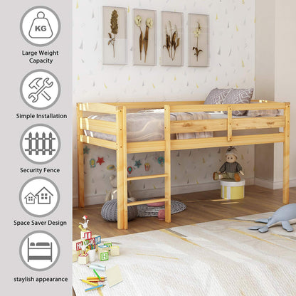 Harper & Bright Designs Twin Size Low Loft Bed with Ladder and Safety Guardrails in Natural Wood - WoodArtSupply