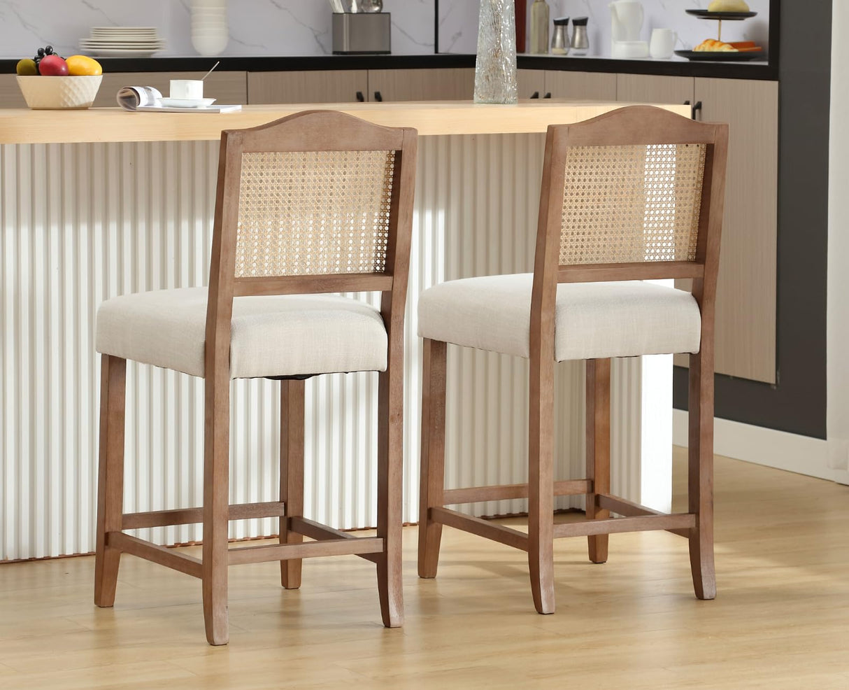 EALSON Counter Height Bar Stools Set of 2 Farmhouse Barstools with Rattan Back Comfortable Upholstered Bar Chairs Mid Century Wood Breakfast Counter Stools for Kitchen Island, Linen Beige EALSON