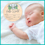 Birth Stat Sign for Newborn - Baby Name Announcement - Hello World Elephant Hospital Photography Prop - Jungle Safari Yippee Daisy