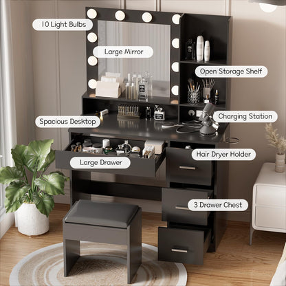 YESHOMY Vanity Desk with Mirror, Power Outlet and 10 Lights, Makeup Table with 4 Drawers, 3 Color Modes Available for Bedroom, Plain Black