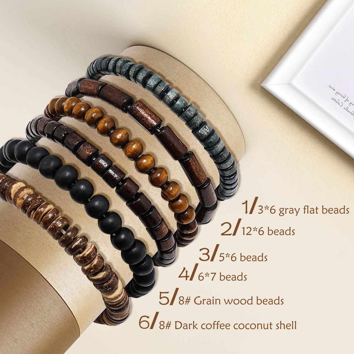 JAVMOO Wooden Beads Bracelet for Men Leather Wrap Hemp Cords Wood Beads Ethnic Tribal Bracelets Wooden Wristbands JAVMOO