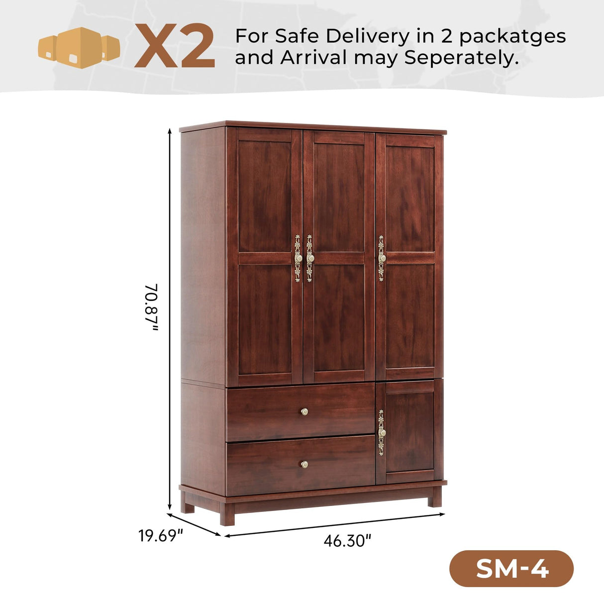 Tafeumob Solid Wood Armoire Wardrobe: 3 Doors Solid Wood Bedroom Armoires with Hangingrod Clothes Organizer Cabinet Storage with 2 Drawers Brown Finish 46.3" L x 19.69" W x 70.87" H Tafeumob