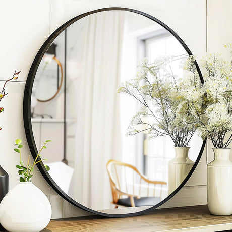 Sunniry Round Mirror 28 inch, Round Black Mirror, Round Bathroom Mirror Metal Frame, Wall Mounted Circle Mirrors for Bathroom, Living room, Hallway, Farmhouse. Sunniry