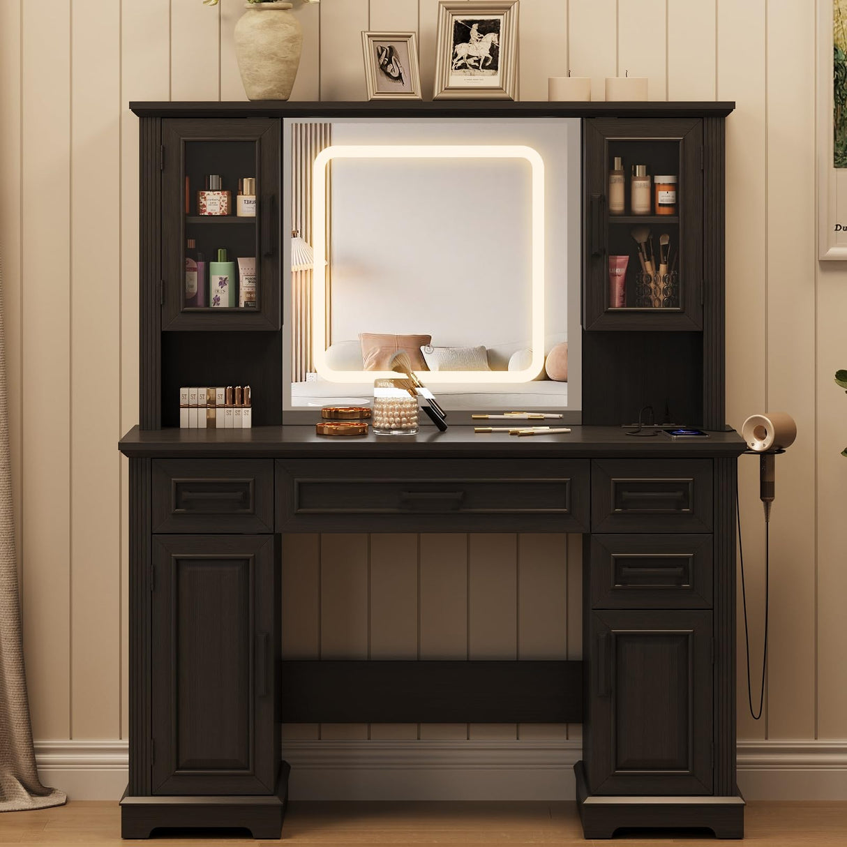 Maupvit Farmhouse Vanity Desk with Mirror and Lights, Makeup Vanity Table with Charging Station, 45" Bedroom Table with 4 Drawers and Cabinets, 3 Lighting Modes, Black Maupvit