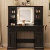Maupvit Farmhouse Vanity Desk with Mirror and Lights, Makeup Vanity Table with Charging Station, 45" Bedroom Table with 4 Drawers and Cabinets, 3 Lighting Modes, Black Maupvit