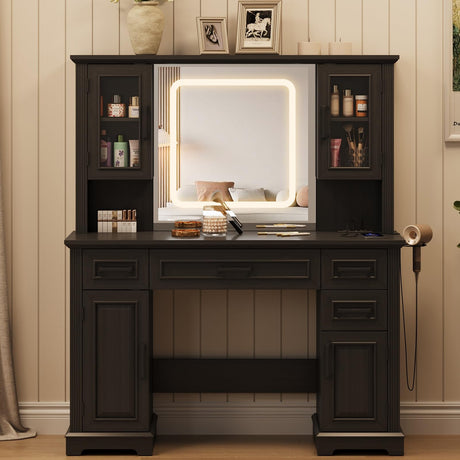 Maupvit Farmhouse Vanity Desk with Mirror and Lights, Makeup Vanity Table with Charging Station, 45" Bedroom Table with 4 Drawers and Cabinets, 3 Lighting Modes, Black Maupvit