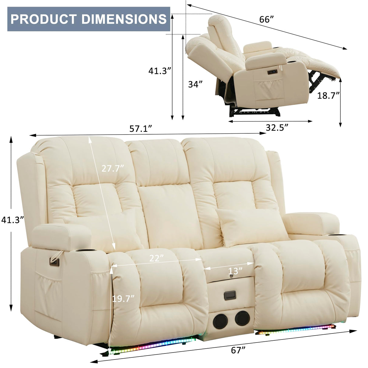 URRED Power Loveseat Recliner Sofa, RV Recliner Chair Home Theater Seating with Flipped Middle Backrest Console, LED Ambient Light, Bluetooth Speakers, USB, Built-in Outlets (Faux Leather, Beige) URRED