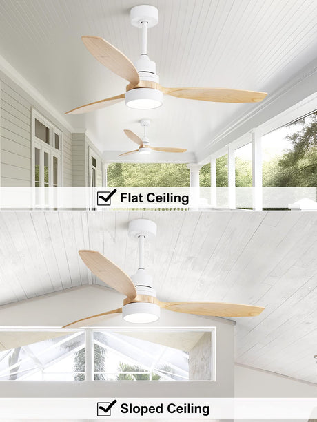 Sofucor 52 Inch Ceiling Fan with Lights and Remote Control, Indoor Outdoor Mordern Wood Ceiling Fan with Reversible Quiet DC Motor, 6 Speed, 3 White Downrods, for Farmhouse Bedroom Patio Balcony Sofucor