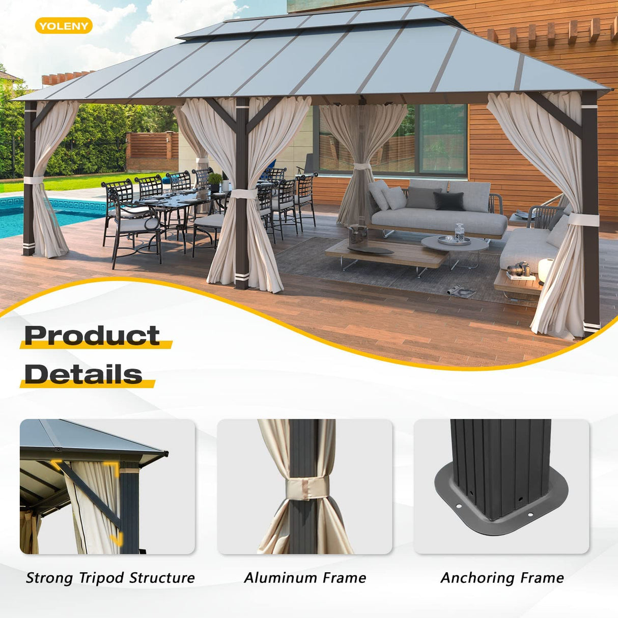 YOLENY 12' X 20' Hardtop Gazebo, Aluminum Composite Ventilation Double Roof Permanent Outdoor Pavilion Pergola Party Tent for Patio, Lawn, Garden, Poolside, Curtains and Netting Included YOLENY