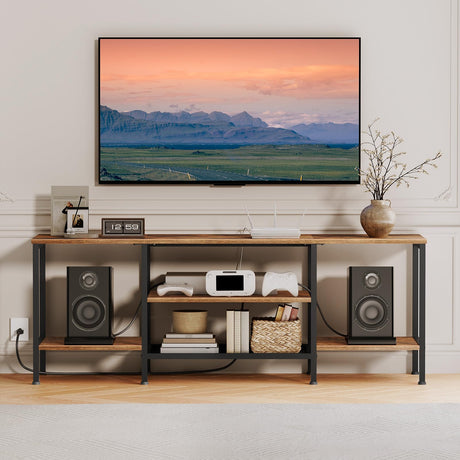 HOOBRO TV Stand with Power Outlets to 65 Inches, TV Console Table with Open Storage Shelves, Industrial Media Entertainment Center for Living Room Bedroom, Rustic Brown and Black BF40DS01 HOOBRO