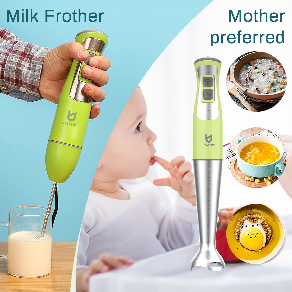 Immersion Hand Blender, UTALENT 5-in-1 8-Speed Stick Blender with 500ml Food Grinder, BPA-Free, 600ml Container,Milk Frother,Egg Whisk,Puree Infant Food, Smoothies, Sauces and Soups - Green UTALENT
