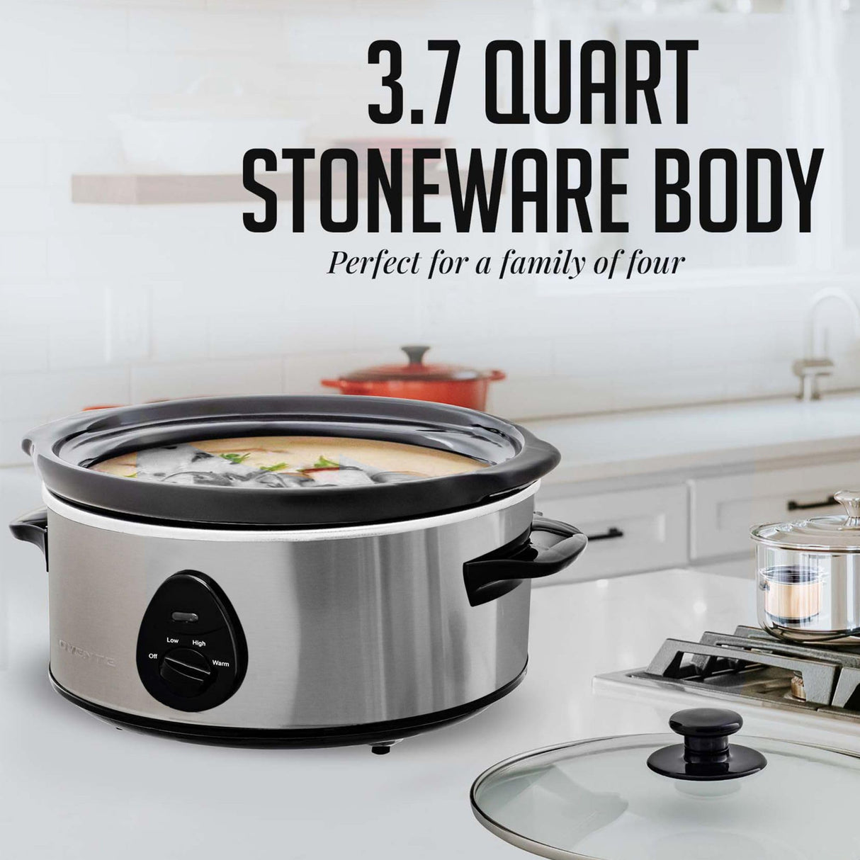 OVENTE Electric Slow Cooker with 3 Cooking Settings, Dishwasher-Safe Stoneware, Tempered Glass Lid and 3.7 Quart Oval Ceramic Pot Perfect for Entrees, Soups, Sauces, Stews and Dips, Silver SLO35ABR OVENTE