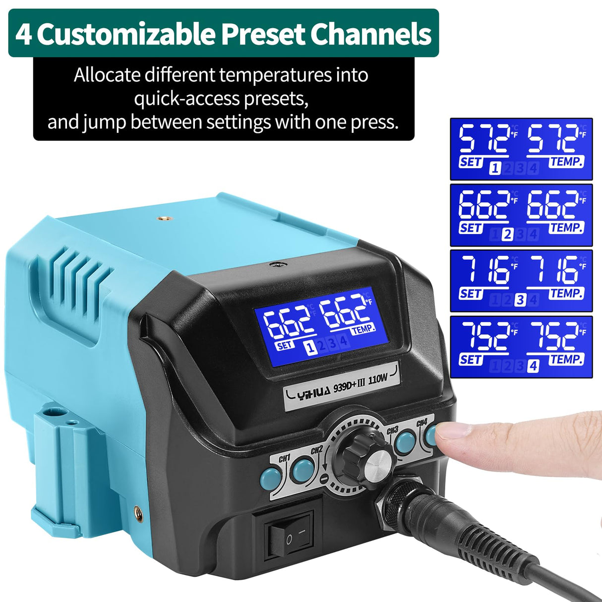 YIHUA 939D+ III EVO Digital Soldering Iron Station Kit 110W High Power with LCD display, 4 Memory Channels, Sleep Mode, Digital Calibration, Solder Wire, Helping Hands, Magnifier, 3 Soldering Tips YIHUA