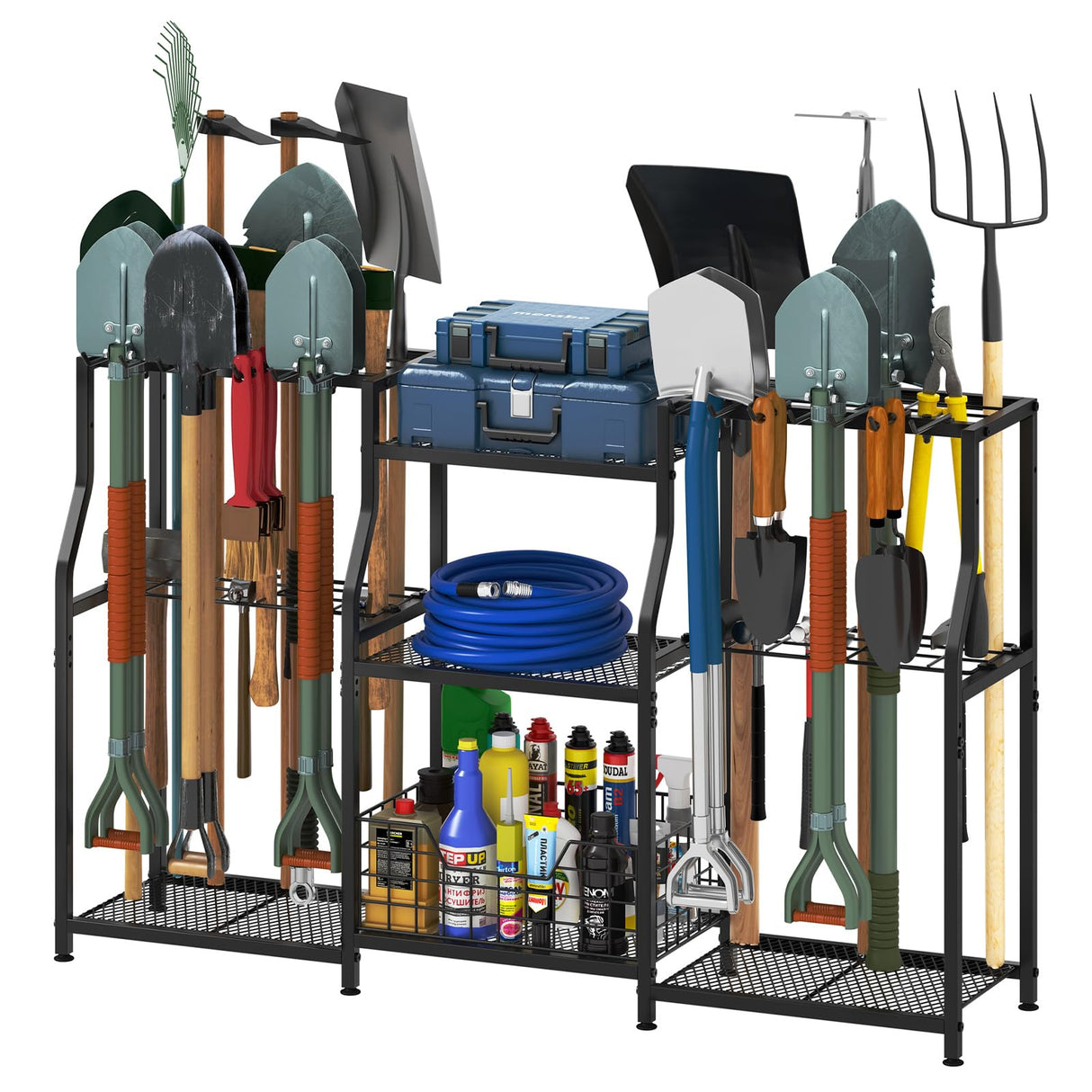 keomaisyto Garden Tool Organizer, Heavy Duty Yard Tool Tower Rack for Garage Organization and Storage, 3 Tier Utility Garden Tool Rack with hooks for Garden/Shed/Garage/Yard/Basement/Lawn keomaisyto