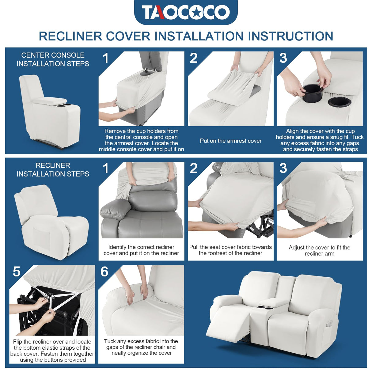 TAOCOCO Reclining Loveseat with Middle Console Slipcover, 4 Piece Polyester Fabric Stretch Loveseat Reclining Sofa Covers (Milk White, 2 Seat Recliner Cover with Console) TAOCOCO