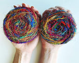 Revolution Fibers Recycled Sari Silk, Multi-Color Pure Silk Yarn, Handspun Used Sari Fabric Ribbon Scraps, Rainbow Yarn for Knitting, Weaving & Crocheting - 100 Grams per Ball Revolution Fibers