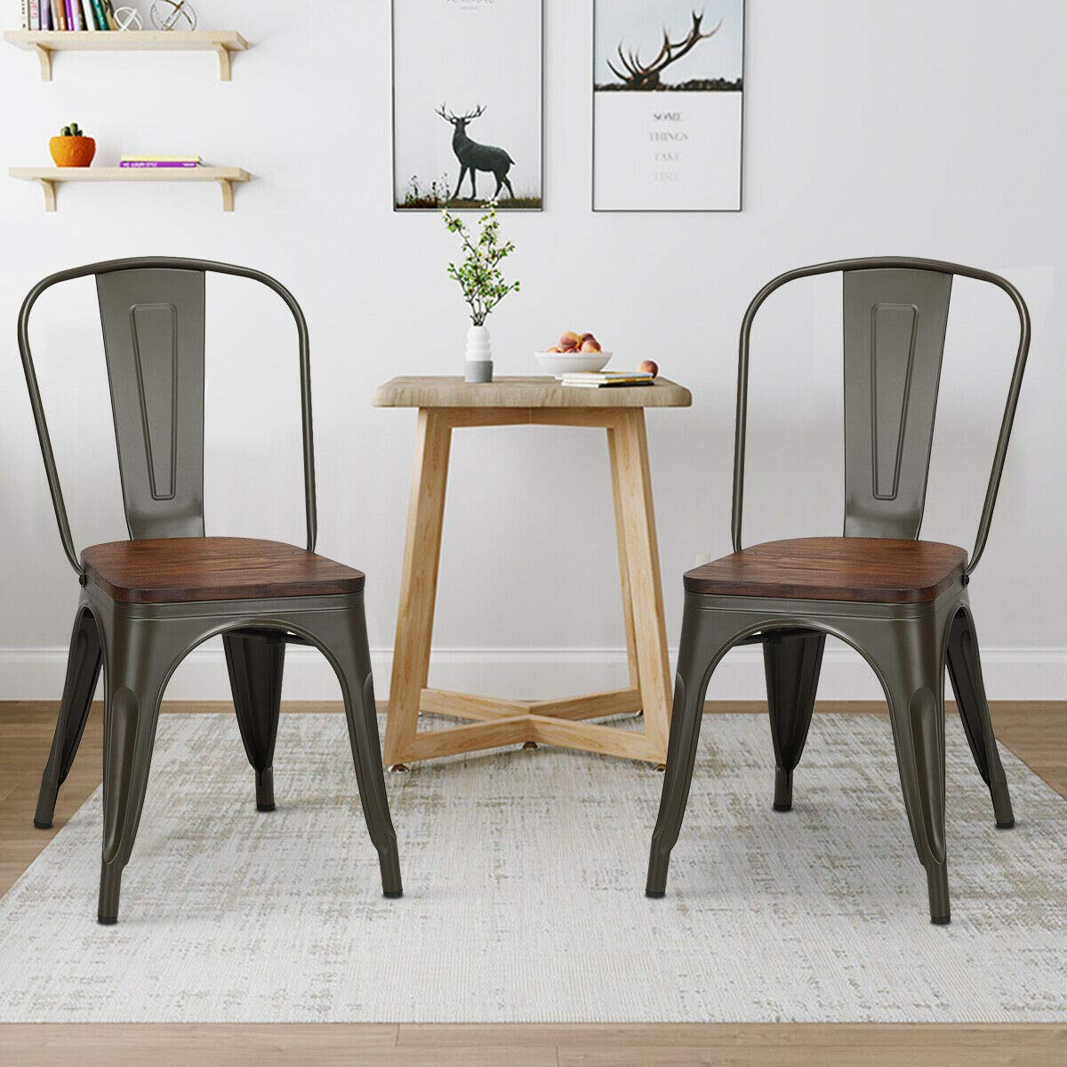 COSTWAY 18 Inch Dining Chair Set of 4, Industrial Vintage Stackable Metal Chairs, Counter Bar Chairs with High Backrest, Wood Seat, for Home, Kitchen and Cafe Bar Use - WoodArtSupply